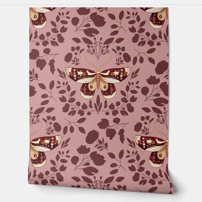 Bruine Moth & Foliage Wallpaper op Roze Behang (Afrollen)