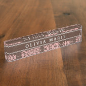 Bruine naam Blush roze bloem patroon Naambordje (Zijkant)