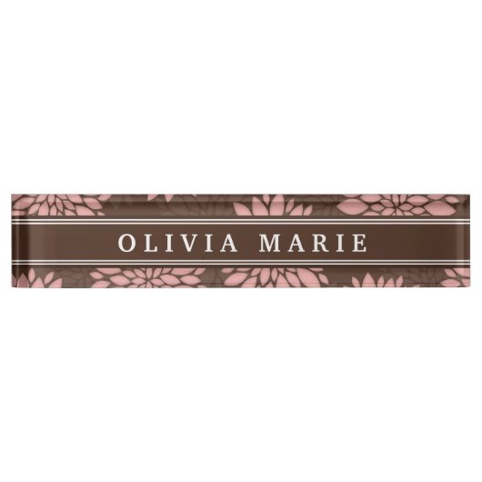 Bruine naam Blush roze bloem patroon Naambordje (Voorkant)