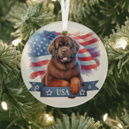 Bruine Newfie Patriottische Ronde Glas Ornament