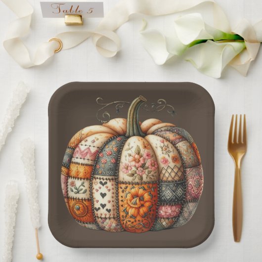 BRUINE & ORANJE HERFST PATCHWORK POMPOEN PAPIEREN BORDJE (Huwelijk)