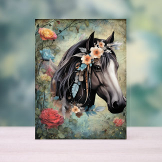 Bruine paard in bloemen. acryl bord