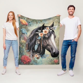 Bruine paard in bloemen. fleece deken
