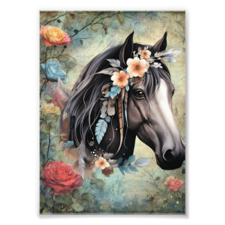 Bruine paard in bloemen. foto afdruk