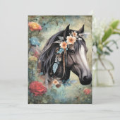 Bruine paard in bloemen. menu (Staand voorkant)