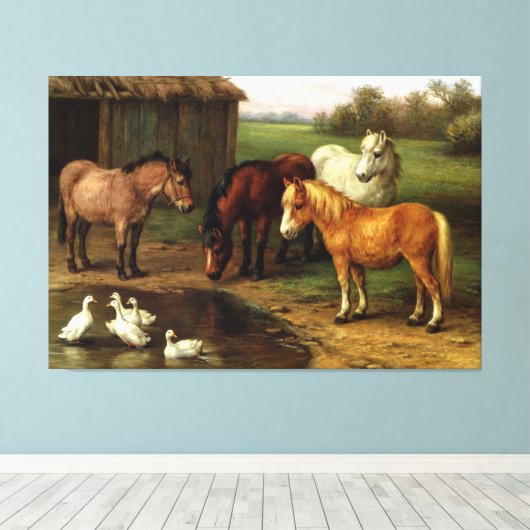  bruine paarden en eenden landbouwhuisdieren canvas afdruk (Insitu (Houten vloer))