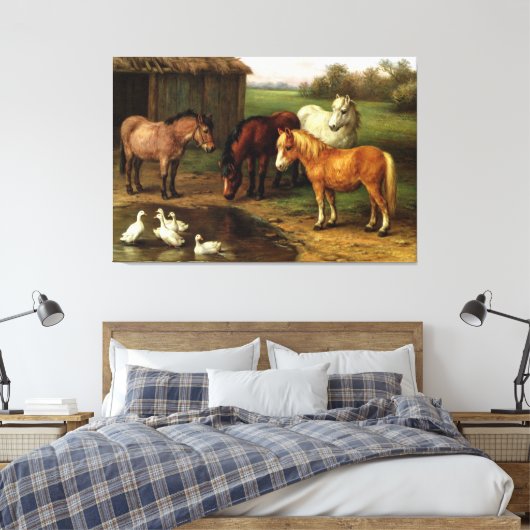  bruine paarden en eenden landbouwhuisdieren canvas afdruk (Insitu (Slaapkamer))