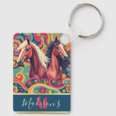 Bruine paarden op kleurrijke patroonnaam Sleutelha Sleutelhanger (Achterkant)