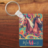 Bruine paarden op kleurrijke patroonnaam Sleutelha Sleutelhanger (Voorkant)