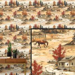 Bruine Paardenstal Herfst Ranch Behang