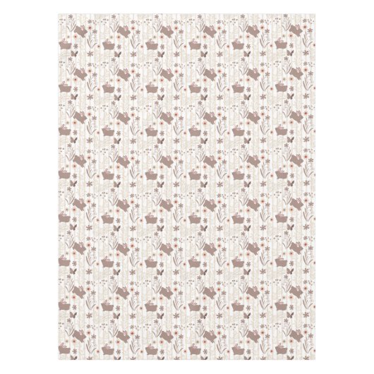 Bruine paaskonijntjes op geelbruin en wit gestreep tafelkleed (Voorkant)