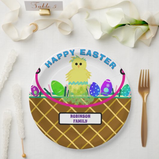 Bruine paasmand geel blauw gestreept kuikenei papieren bordje (Huwelijk)
