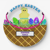 Bruine paasmand geel blauw gestreept kuikenei papieren bordje (Voorkant)