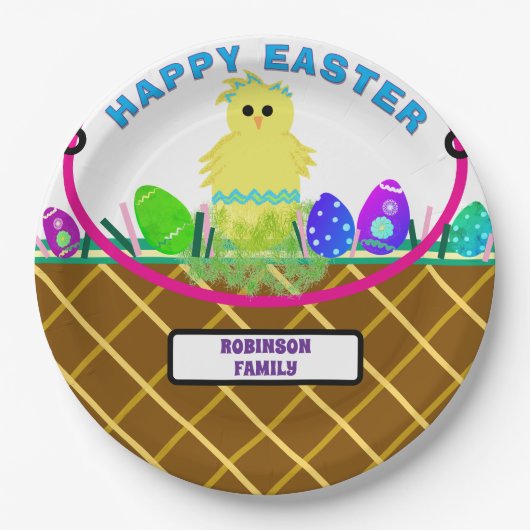 Bruine paasmand geel blauw gestreept kuikenei papieren bordje (Voorkant)