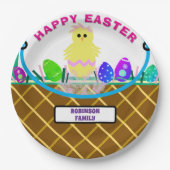Bruine Paasmand Geel Roze Kuiken Ei Papieren Bordje (Voorkant)