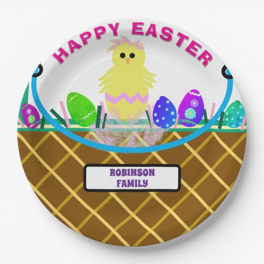 Bruine Paasmand Geel Roze Kuiken Ei Papieren Bordje (Voorkant)