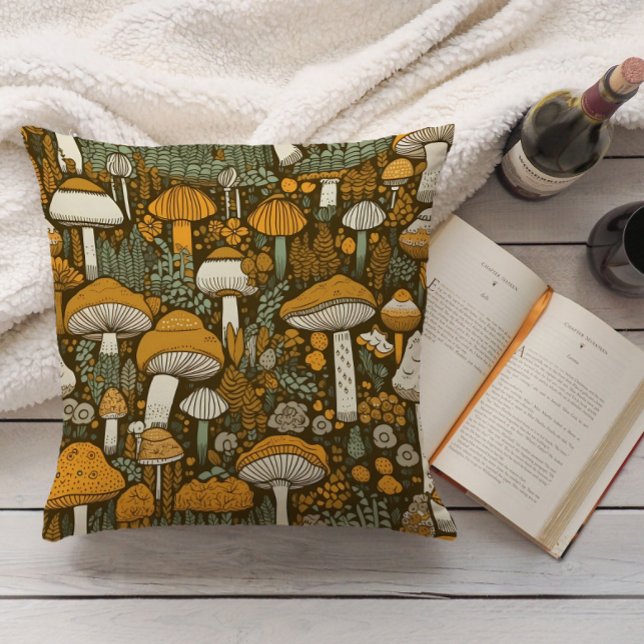 Bruine paddenstoelen  Botanisch Kussen (Retro orange mushrooms on brown decorator pillow)