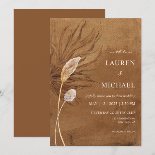 Bruine papyrus en pampas bruiloft kaart (Voorkant / Achterkant)