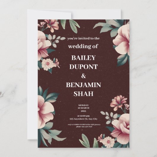 Bruine Perzik Bloemen Huwelijksuitnodiging Kaart (Voorkant)