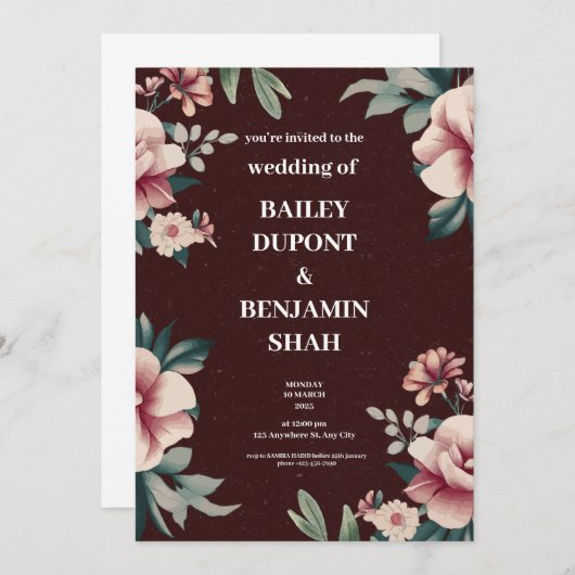 Bruine Perzik Bloemen Huwelijksuitnodiging Kaart (Voorkant / Achterkant)