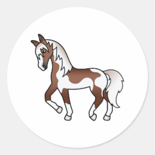 Bruine Pinto Dravend Paard Cartoon Illustratie Ronde Sticker