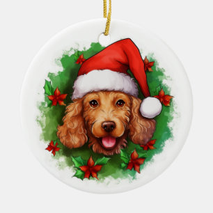 Bruine Poedel Kerstkrans Keramisch Ornament