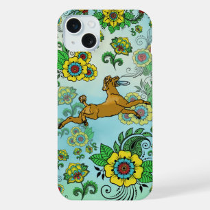 Bruine poedel met frisbee op paisley achtergrond iPhone 15 plus case