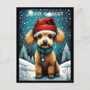 Bruine Poedel Sneeuwweide Santa Puppy Vakantie Briefkaart