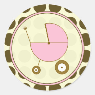 Bruine Polka Dot en Roze Baby Carriage Sticker