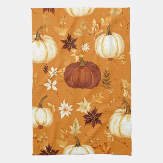 Bruine pompoen Bloemen Herfst en Herfst Patroon Theedoek (Verticaal)