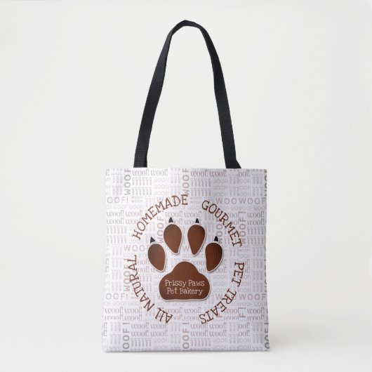 Bruine Poot Print en Woof Words Bedrijfsnaam Tote Bag (Voorkant)