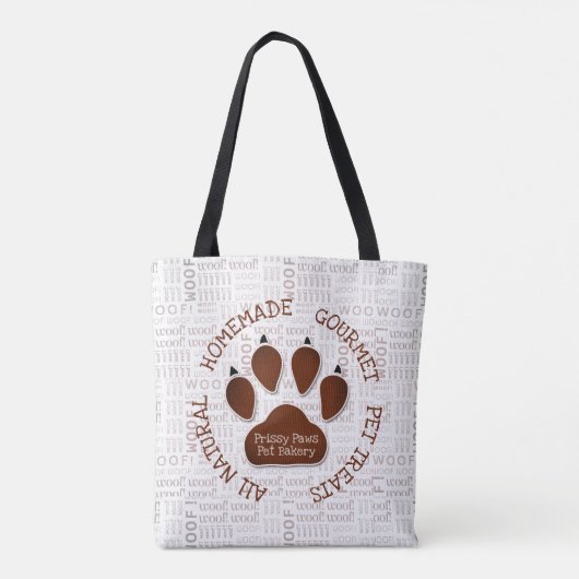Bruine Poot Print en Woof Words Bedrijfsnaam Tote Bag (Achterkant)