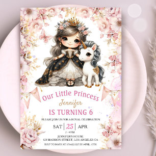 Bruine Prinses Eenhoorn 6de Verjaardagsuitnodiging Kaart