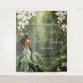 Bruine Prinses en Kikker Sage Groene Jurk Sweet 16 Wandkleed (Voorkant)