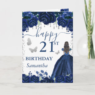 Bruine Prinses Marineblauwe Jurk Verjaardag Kaart