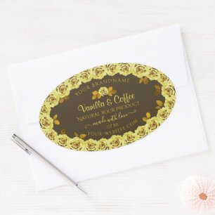 Bruine-productetiketten met gele rozen in Bloom Ovale Sticker