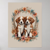 Bruine Puppies en Oranje bloemen Poster (Voorkant)