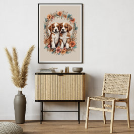 Bruine Puppies en Oranje bloemen Poster