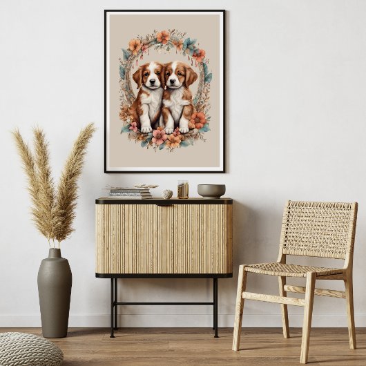 Bruine Puppies en Oranje bloemen Poster