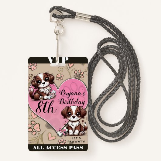 Bruine Puppy Hond Roze Poot & Hart Verjaardag VIP  Badge (Voorkant met draagriem)