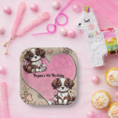 Bruine Puppy Hond Roze Poot & Hart Verjaardagsfees Papieren Bordje (Feest)