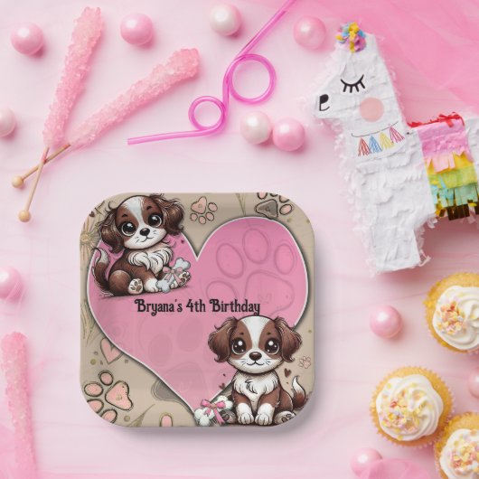 Bruine Puppy Hond Roze Poot & Hart Verjaardagsfees Papieren Bordje (Feest)