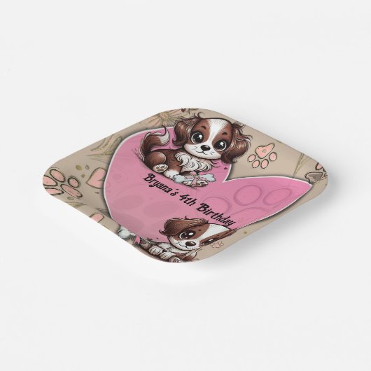 Bruine Puppy Hond Roze Poot & Hart Verjaardagsfees Papieren Bordje (Gebogen)