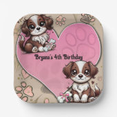 Bruine Puppy Hond Roze Poot & Hart Verjaardagsfees Papieren Bordje (Voorkant)