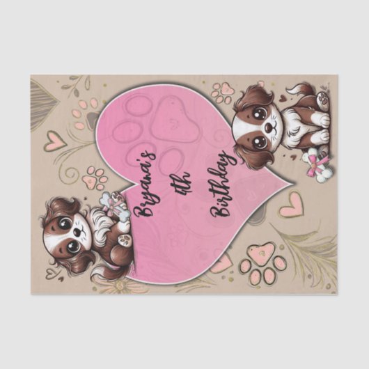 Bruine Puppy Hond Roze Poot & Hart Verjaardagsfees Tissuepapier (Voorkant)