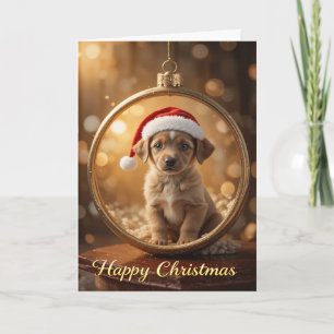 Bruine Puppy Kerstman Hoed Kerst Warm en Koezig Kaart
