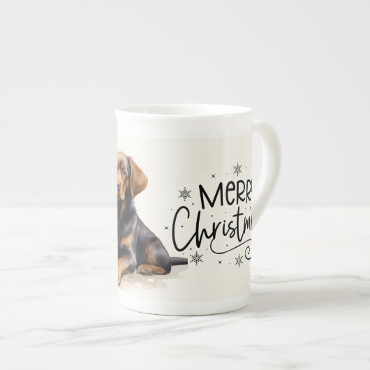 Bruine puppy vrolijk kerstfeest porselein kop (Voorkant rechts)