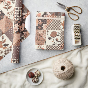 Bruine Quilt Aardse Gingham Cottagecore Bloemen Cadeaupapier