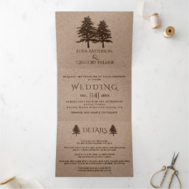 Bruine reliëfbomen op kraftpapier winterbruiloft drieluik uitnodiging