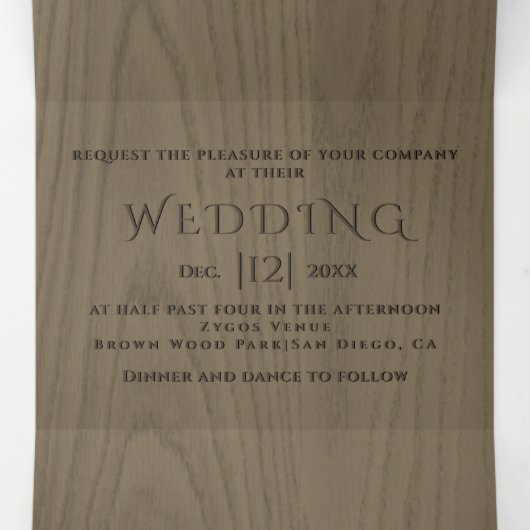 Bruine reliëfbomen op sepia hout winter bruiloft drieluik uitnodiging (Binnenkant midden)